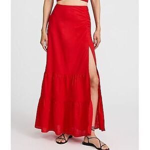 Linen-Blend High Waisted Ruched Tiered Maxi Skirt